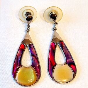 Vintage Duri Signed Pink Purple Yellow Resin Dangle Hook Earrings